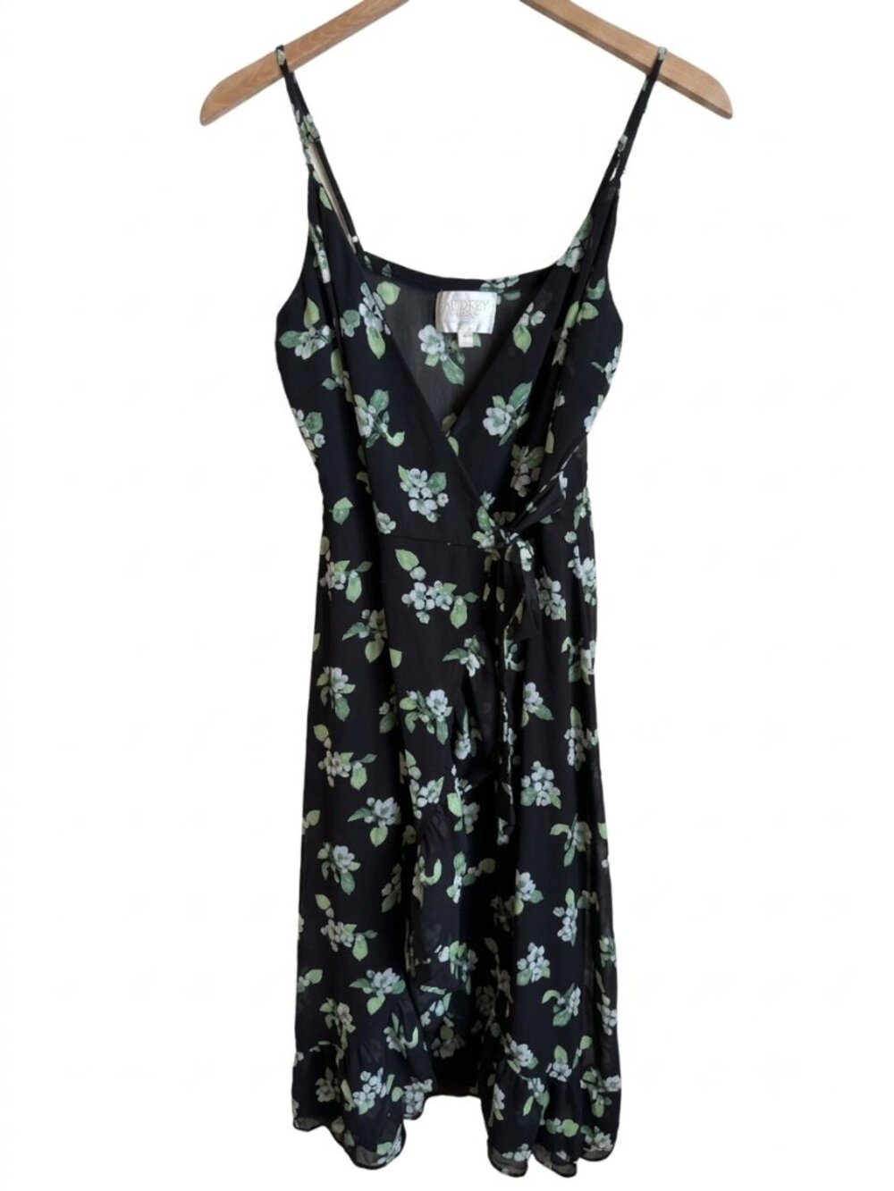 Audrey Parks Floral Wrap Dress M Black Green High Low Ruffle V Neck Francesca's